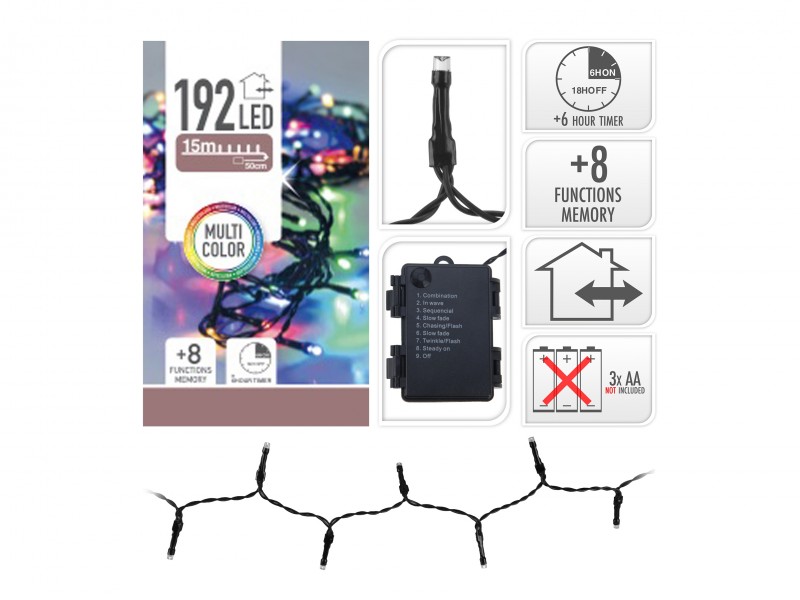 192 Led-es színes fényfüzér, elemes